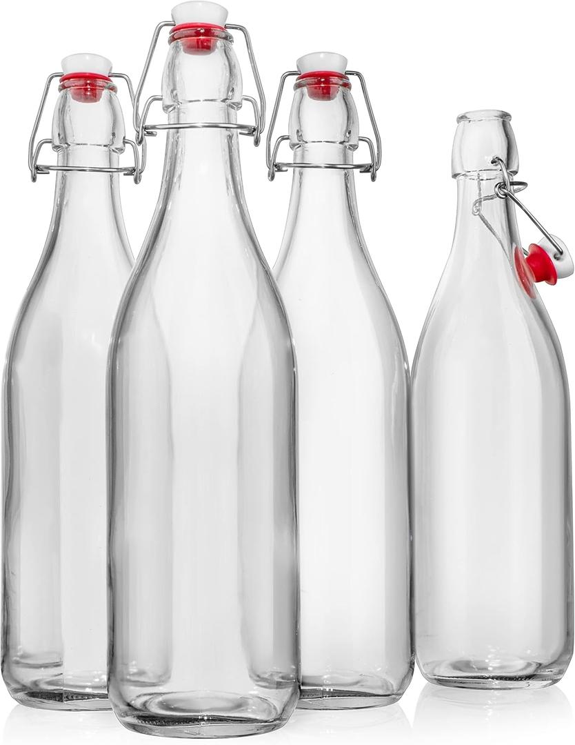 Swing Top Glass Bottles [1 Liter / 33 fl. oz.] [Pack of 4] Flip Top Coquito Bottles for Kombucha, Fermentation, Beer, Kefir, Wine Airtight Stopper Lids with Extra Gaskets, Funnel, Labels & More