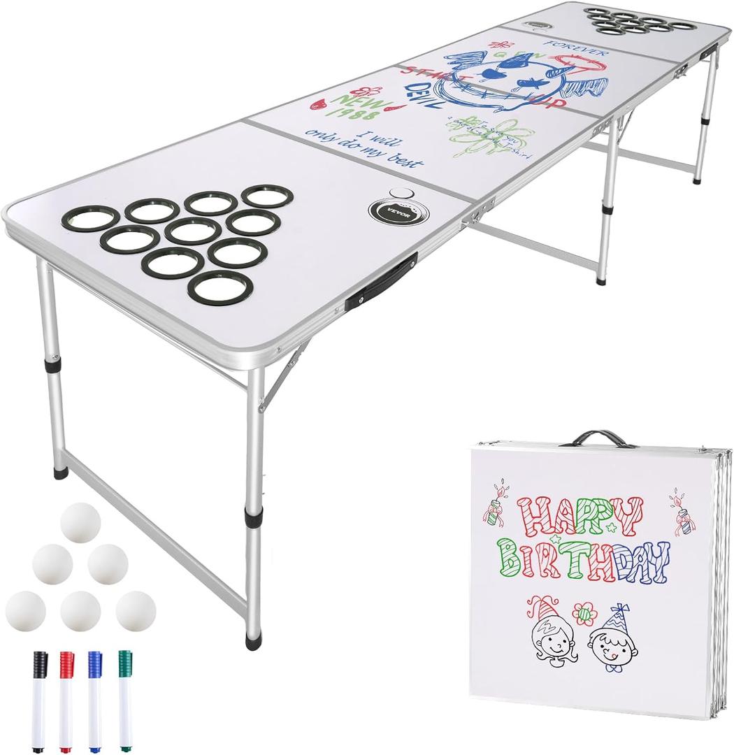 VEVOR 8 Foot Portable Beer Pong Table, Folding Tailgate Table, Cup Holes, Dry Erase Markers and Carrying Handles, Adjustable Height, Lightweight Table for Office, Tailgate Party & Camping, White, 94.5 x 23.6 x 28 in