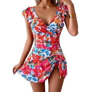 Aidonger One Piece Swimdress Tummy Control Ruffle Swimsuit for Women Tie Knot Swim Dresses V Neck Bathing Suit Skirt, Size XL