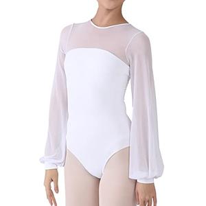 Dance Elite Aisling Mesh Shoulder and Sleeves Dance Leotard For Women Ballet (White, Adult S)