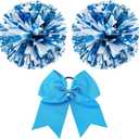 Hanaive 3 Pcs Cheerleading Pom Poms and Large Cheerleader Hair Bow Metallic Cheer Supplies for Team Spirit Sports Dance Cheering (Lake Blue Mixed White)