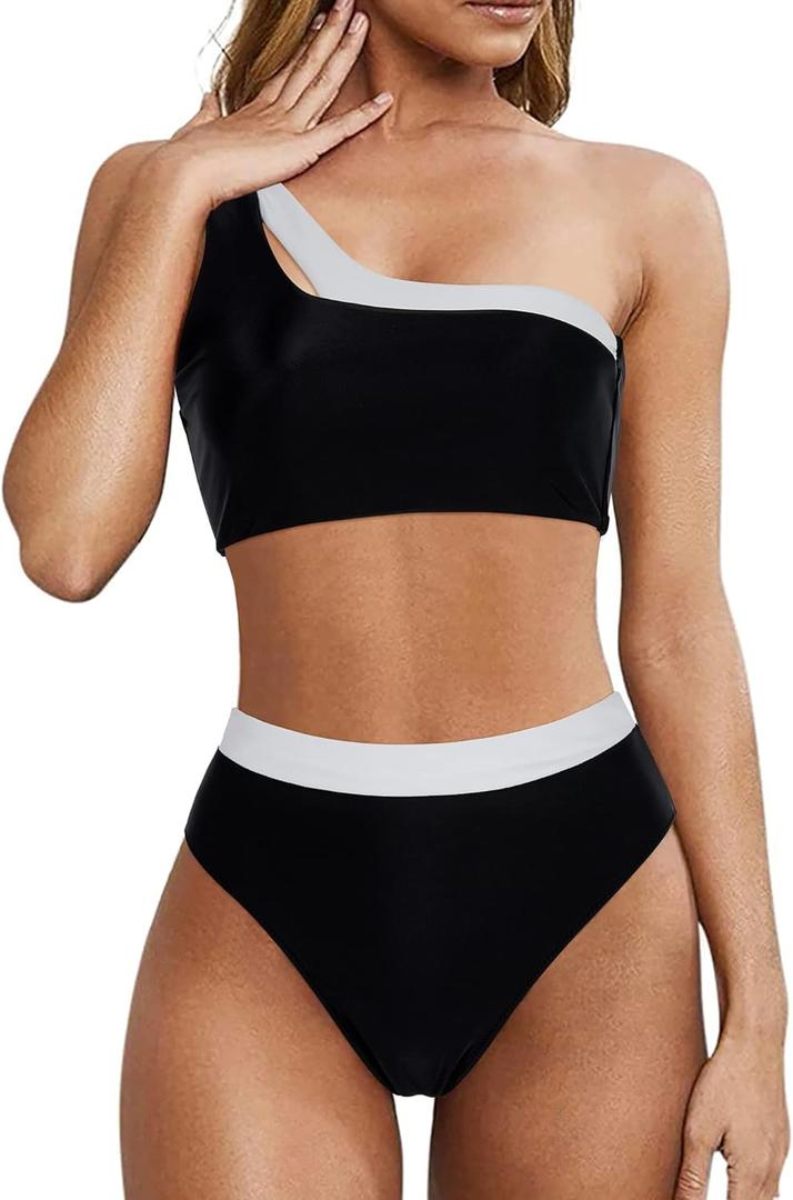 MOOSLOVER Women Cutout One Shoulder High Waisted Bikini High Cut Two Piece Swimsuits (Small, Black White)