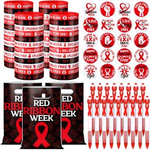 Supervitae 200 Pcs Red Ribbon Week Supplies Bulk Include 50 Drug Free Awareness Gift Bags 50 Anti Drug Bracelet 50 Red Ribbon Pen 50 Inspirational Button Pins for Events Charity Gifts Items
