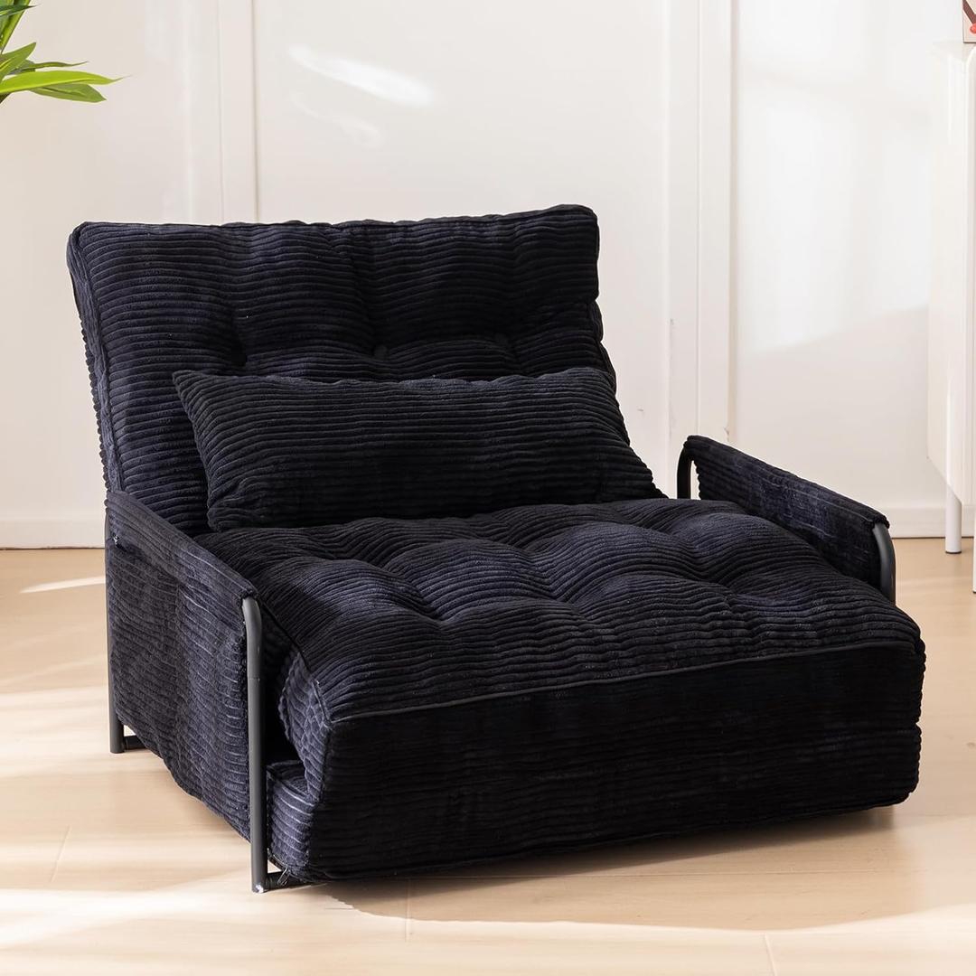 MAXYOYO Adjustable Floor Sofa Couch with 2 Pillows, Multi-Functional Bean Bag Bed, 5-Position Foldable Lazy Sofa Sleeper Bed with Armrest, Versatile Floor Seating for Reading, Corded Black, Single