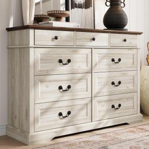 LINSY HOME Farmhouse 9 Drawers Dresser for Bedroom, Wood Bedroom Dresser Wide Chest of Drawers, French Country Storage Double Dressers Organizer for Closet, Living Room, Beige (15.7"D x 53.5" W x 36.8" H (9 Drawers))