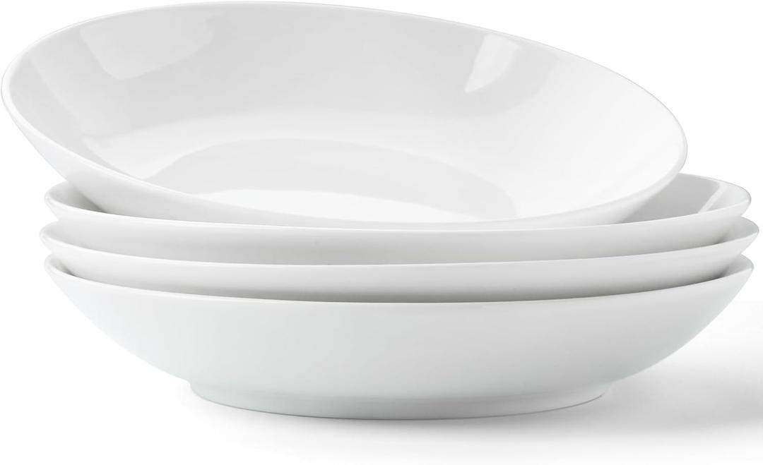 Bone China Pasta Bowls Set of 4, 23.5oz Soup Bowls White Salad Bowl, 8 inch Pasta Bowls Lightweight Wide Shallow Kitchen Plates for Serving Dinner - Microwave Dishwasher Safe, Kitchen Gifts
