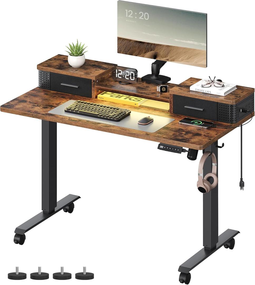 VASAGLE Electric Standing Desk with Drawers, 47.2 x 23.6 Inches, Sit Stand Desk with Power Outlet and LED Lights, Adjustable Height, Storage Shelf, 3 Memory Buttons, for Home Office, Rustic Brown