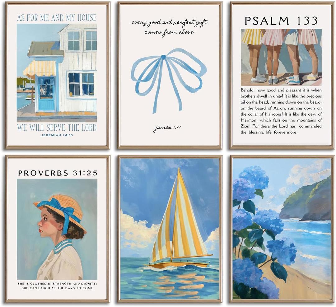 BOKPEN Blue Coastal Christian Canvas Wall Art Bible Verses Poster Prints Wall Decor Pictures Preppy Religion Aesthetics Paintings Artwork for Living Room Bedroom Apartment Dorm Decor 12x16in Unframed