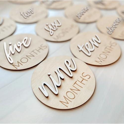 eoscasely Baby Monthly Milestone Markers Disc, Wooden 3D Milestone Cards for Photos, Baby Announcement Sign, 1-12 Months, wooden baby milestone sign (White), Months 2, 4, 5, 10, 12 Not Included.