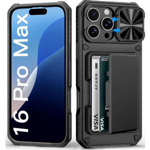 BXYJY for iPhone 16 Pro Max Case Wallet with Strap, Crossbody Cell Phone Lanyard for Women Men, Card Holder, Slide Camera Cover, Military Grade Drop Proof, Heavy Duty Case for iPhone 16 Pro Max, Black