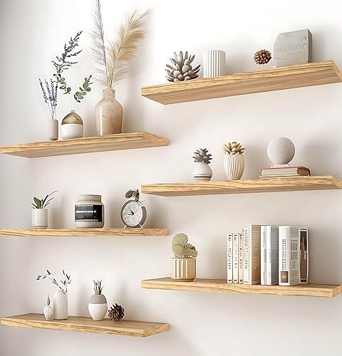 PHPH 24 Inch Wood Floating Shelves for Wall, Wooden Wall Shelves for Bedroom, Set of 6 Light Brown
