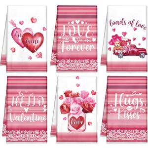 Patelai 6 Pieces Valentine Kitchen Towels Red Hearts Hand Valentine's Day Plaid Love Truck Tea Bathroom Holiday Dish Towels, 21.3 x 14.3 Inch(Lovely Color, Sweet Style)