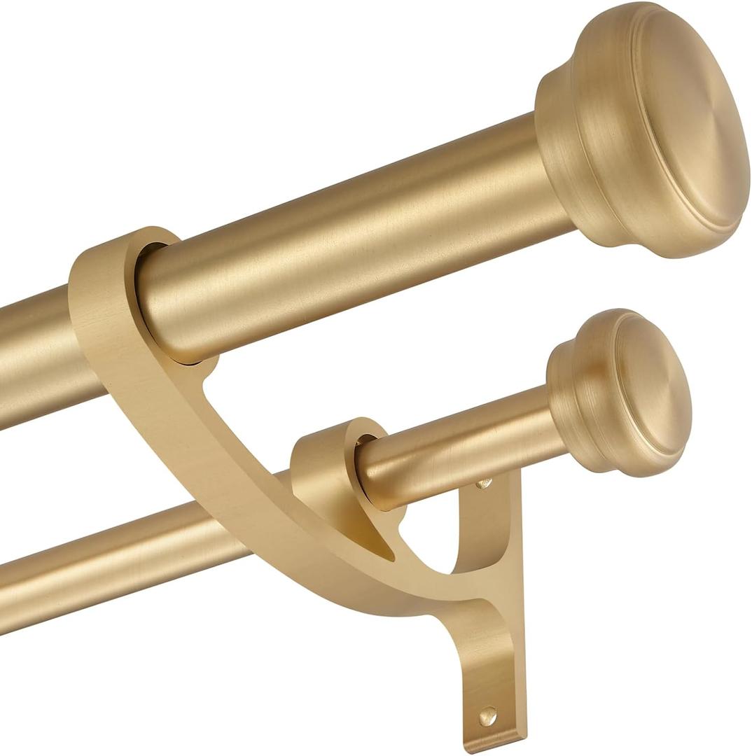 Modern Double Curtain Rods, Warm Gold Curtain Rod 36-72 Inch Length Drapery Rods with Simple Decorative End Caps 1 Inch Front and 5/8 Inch Diameter Back Dual Curtain Rod Telescoping Window Rods