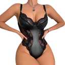 Lingerie for Women Sexy Leather Lace Bodysuit Push Up Snap Crotch Teddy One Piece Babydoll (Black, Small)