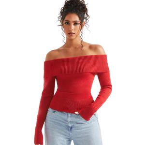 SUUKSESS Women Off Shoulder Sweaters Long Sleeve Ribbed Knit Going Out Fall Tops Blouse (Medium, Red Brown)