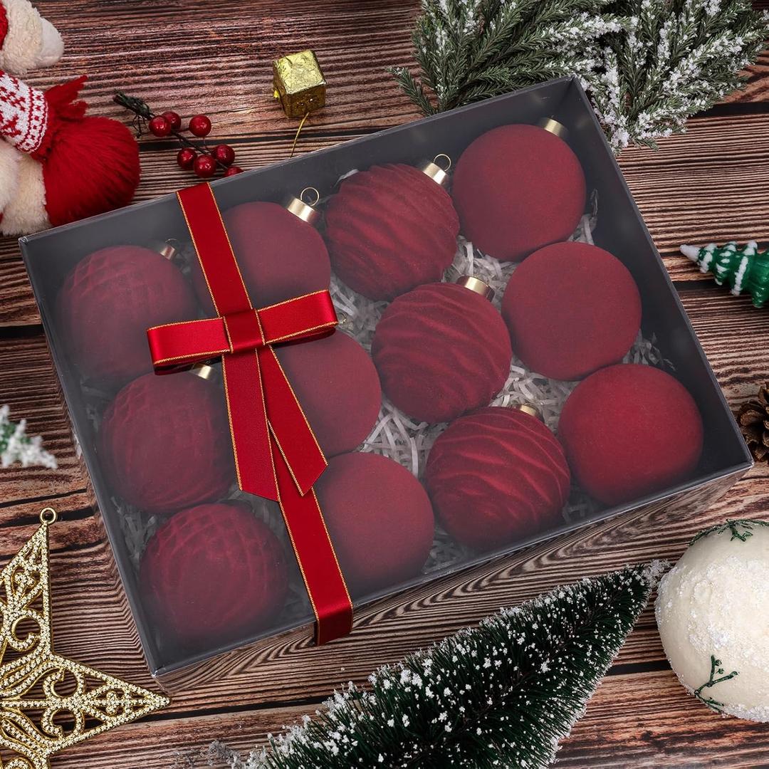 Festiva Christmas Tree Ornaments Velvet Balls - 12 Pcs Burgundy Red Shatterproof Christmas Tree Ornaments Velvet Balls, for Xmas Wedding Party Holiday Decorations (Gift Box)