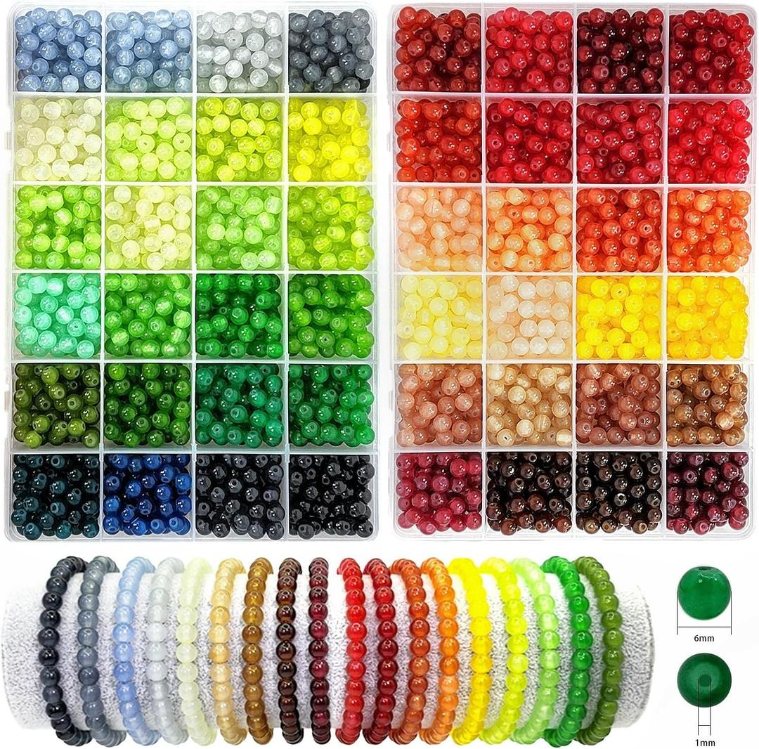 2600PCS 6mm Glass Beads for Jewelry Making, 48 Colors Crystal Beads Bracelets Making Kit, Christmas Colors 2 Box Round Beads Suitable for Beginners