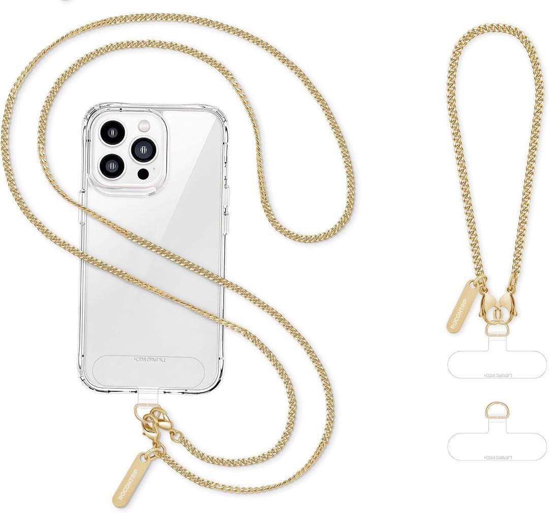 ROCONTRIP Metal Phone Chain Set Including Crossbody Phone Lanyard and Wrist Strap with 2*Tether Tabs Detachable iPhone Chain Strap Non-Rust,Unbreak iPhone Wristlet Strap for Women Travel Essentials (Extended, Pale Gold)