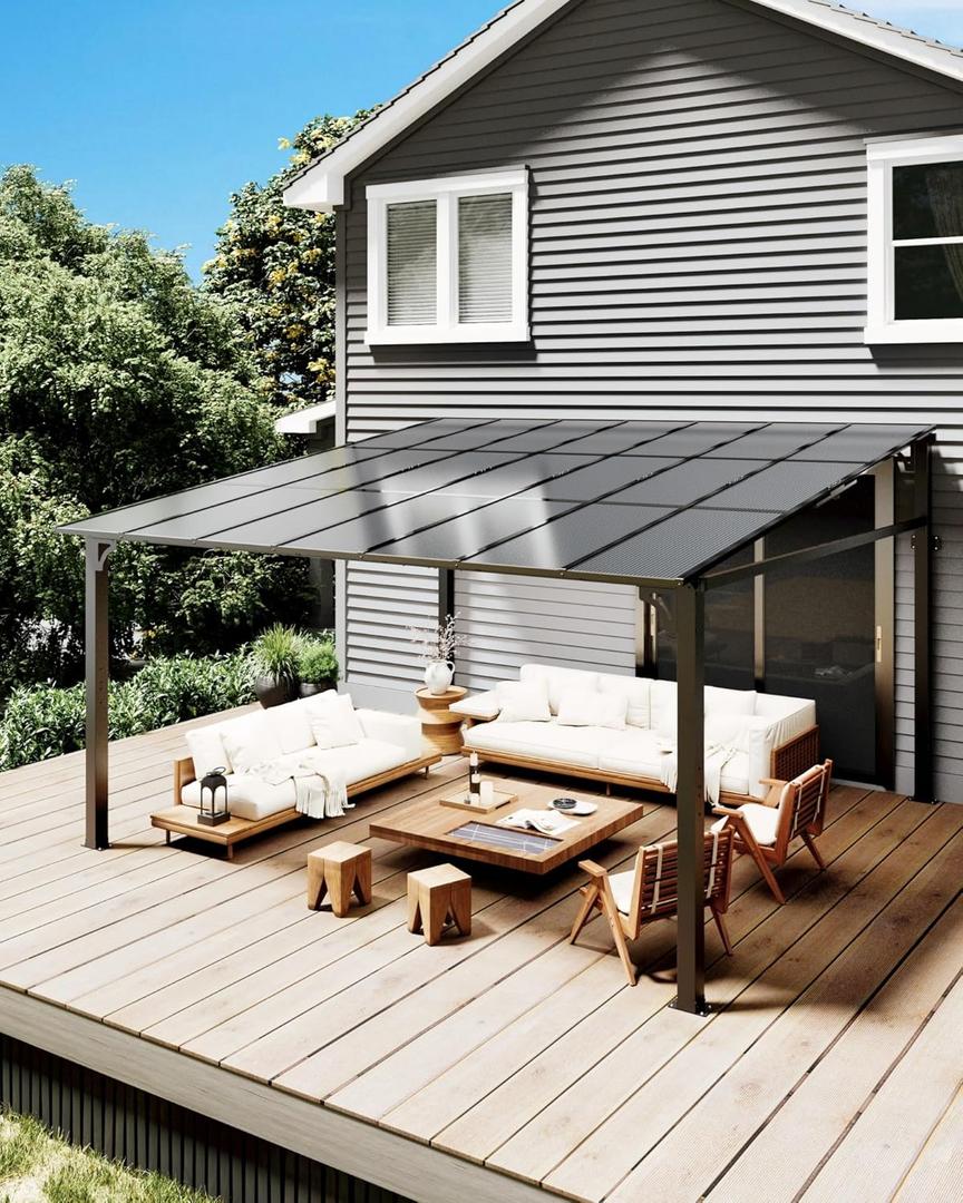 Garvee Life 12x14 ft Wall-Mounted Lean-to Gazebo, Aluminum Frame & Polycarbonate Roof - Outdoor Patio Cover for Deck, Yard, Party (UV-Resistant & All-Weather)