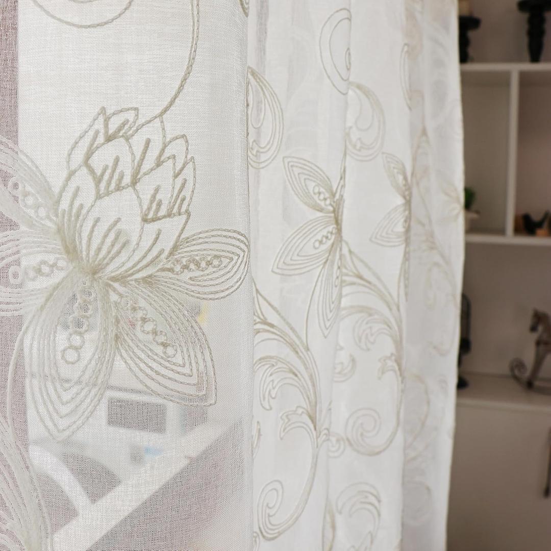 SLOW SOUL Set of 2 Panels White Lotus Floral Sheer Curtains Modern Semi Sheer Embroidered Curtains & Drapes for Bedroom Living Room Rod Pocket 54W X 79L inch