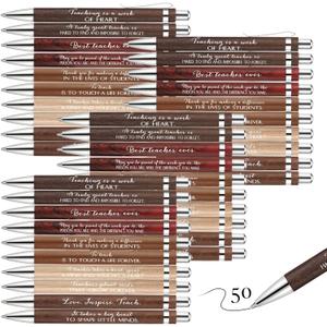 Kosiz 50 Pcs Teacher Pens Gifts Bulk Appreciation Inspirational Pens Bamboo Ballpoint Thank You Gifts for Teacher from Students Office Supplies Thanksgiving Christmas Party Favors(Multicolor)