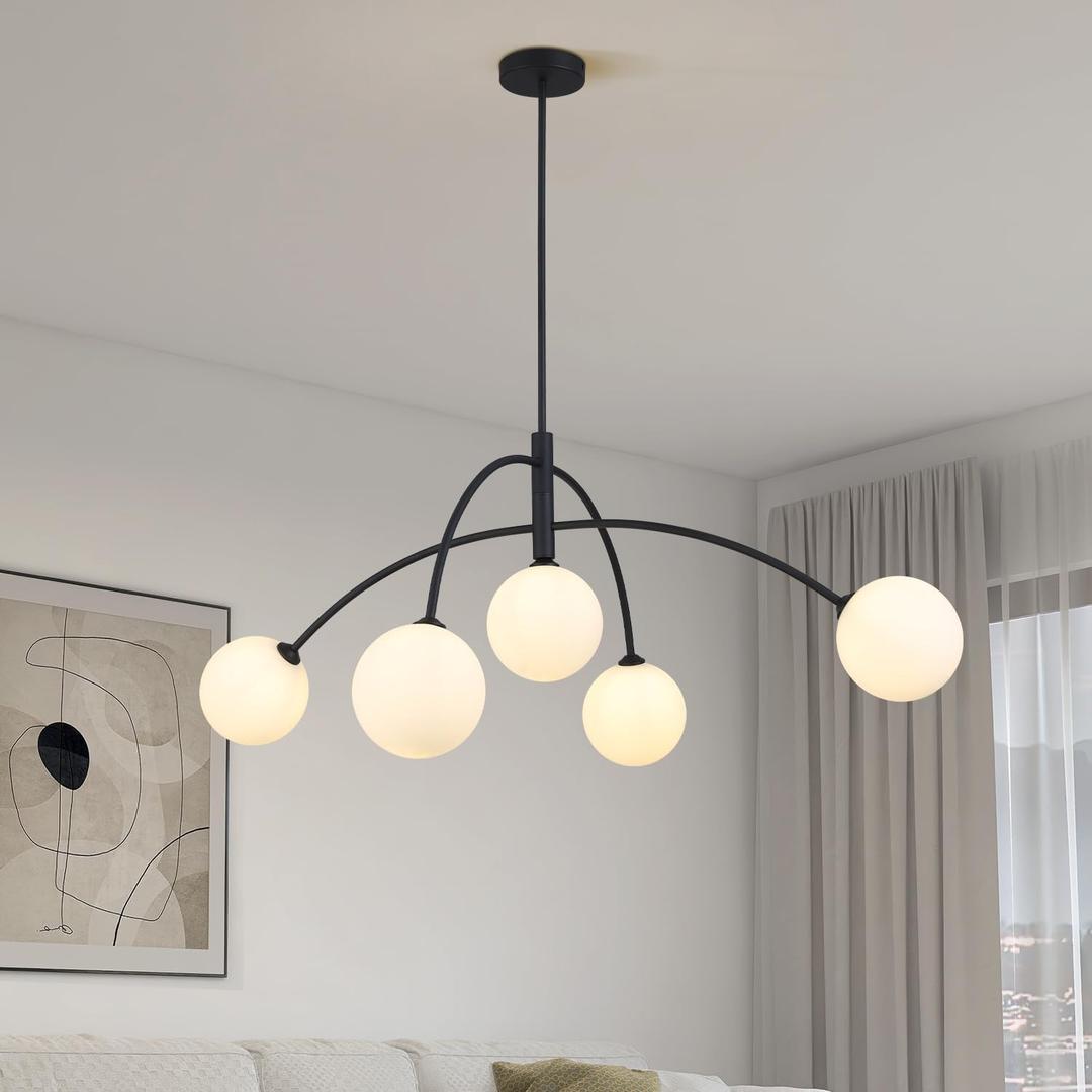 Mid Century Chandelier Black Ceiling Light 5 Light Sputnik Light Fixture with White Glass Globe Adjustable Modern Sputnik Chandelier for Dining Room Kitchen Bedroom