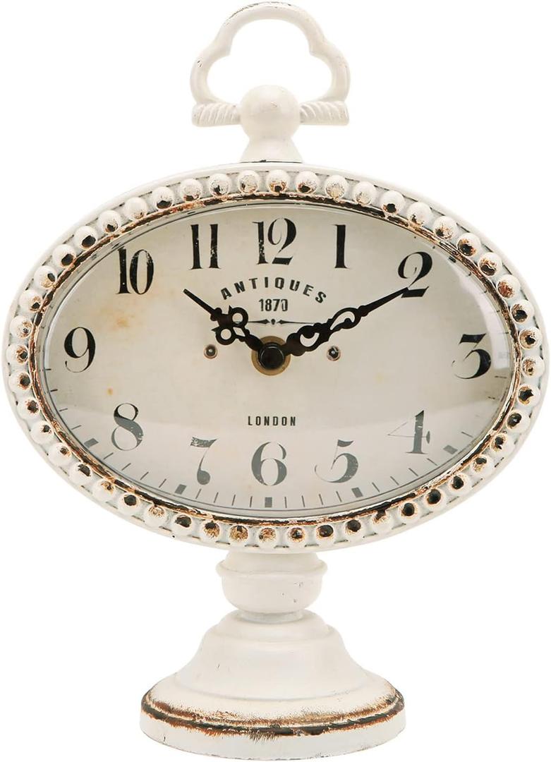 NIKKY HOME Vintage Table Clock with Beads, Silent Shelf Desk Top Clock Battery Operated Antique Design, Chic Home Decor for Fireplace Mantel, Desktop, Countertop, White