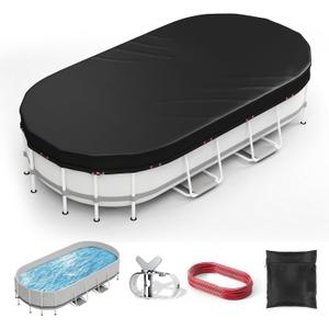 Oval Pool Cover 12 x 20 FT, Upgraded 420D Heavy Duty Oxford Fabric Pool Covers for Above Ground Pool with Winch and Cable, All Season Inflatable Pool Cover for UV Resistant, Waterproof and Dustproof