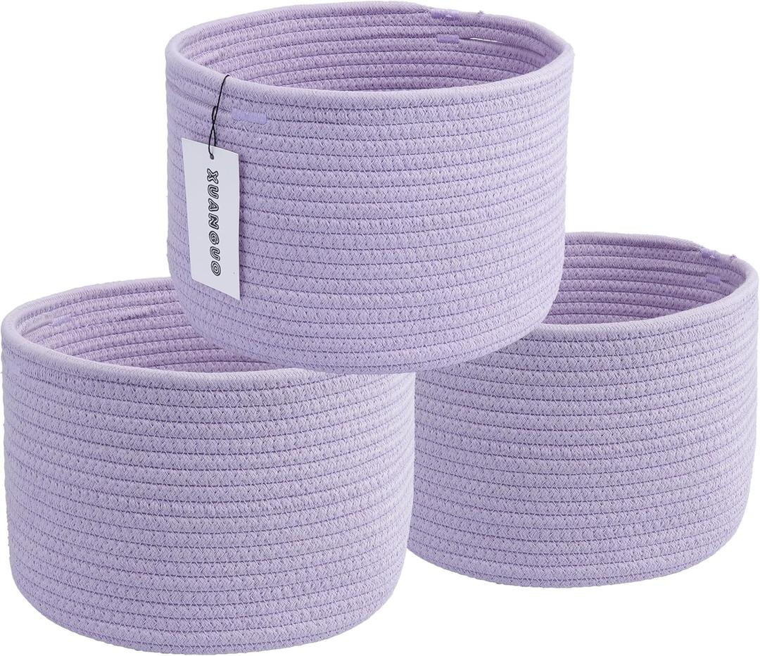 Small round Storage Basket - 3-Pack Round Cube Bins (10x10x7'') for Shelves, Closets & Bookcases | Durable Rope Organizers for Nursery, Baby, Toys, Easter & More (Purple)