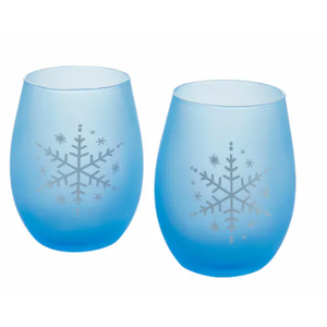 Tabletops Gallery 2 Piece Snowflake Stemless Wine Glass Set - Blue