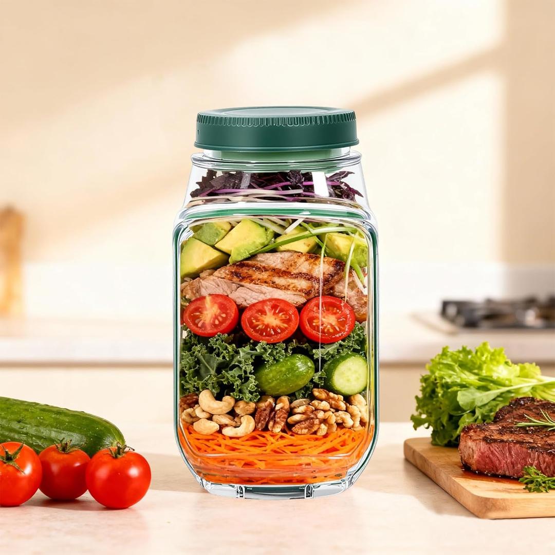 Salad Pod Jar | Leakproof Vertical Layering Salad Container with Side Opening & Dressing Compartment, Lid-to-Bowl Dual-Use Design, Includes Wooden Fork, Microwave & Dishwasher Safe (300ml, Green)