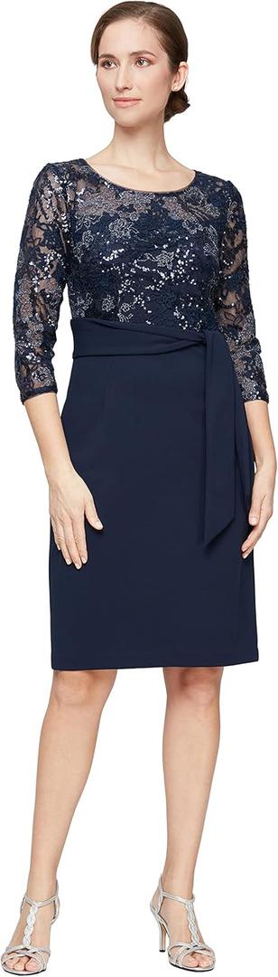 Alex Evenings Womens Cocktail Dress with Tie Waist (8, Navy Embroidery)