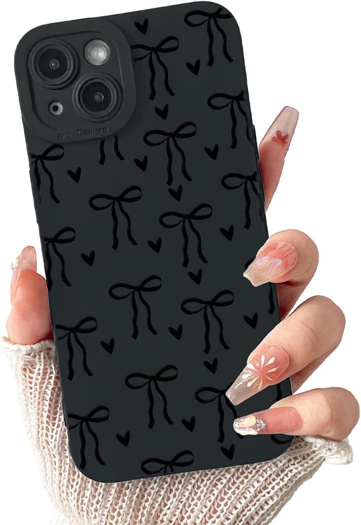 Lovmooful Compatible for iPhone 14 Case Cute Cool Ribbon Bowknot Heart Design for Girls Women Soft TPU Shockproof Protective Girly for iPhone 14 Case-Black