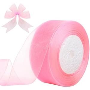 Partyeah 1-1/2 Inch x 50 Yards Sheer Organza Ribbon Chiffon Ribbon for Gift Wedding Flower Bouquet Wrapping Decorations Crafts (Light Pink)