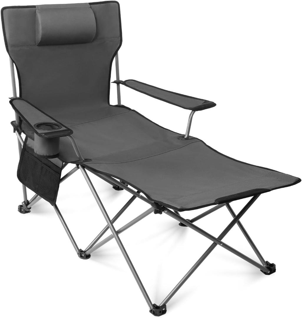 Apollo walker Camping Chair with Foot Rest, Beach Lounge Chairs for Adults, Adjustable Backrest Foldable Chairs, Portable Folding Recliner with Headrest Grey, for Outdoor Sports Camp Fishing Picnic