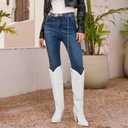 ISNOM Women's Cowgirl Boots Pull On Knee High Boots, Cowboy Western Embroidered Chunky Block Heel Pointed Toes Boots (White), US 8