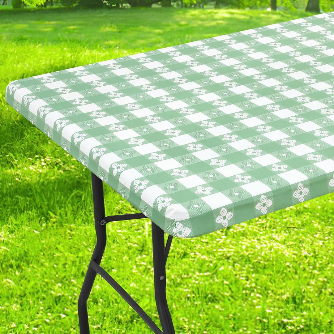 Rectangle Vinyl Table Cloth, Waterproof Elastic Fitted Tablecloth with Flannel Backing, Plastic Table Cover for Picnic, Camping, Outdoor (White & Sage Green, 30"x72")