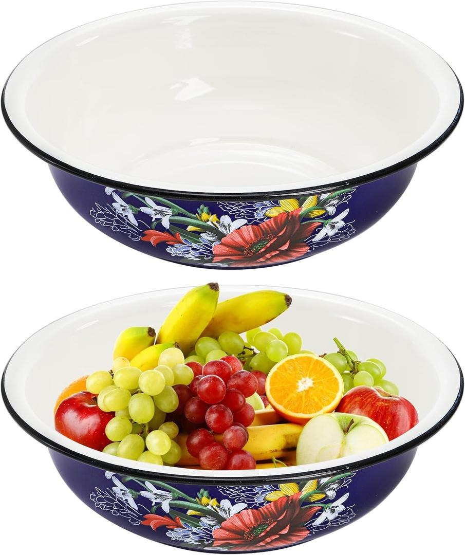Lawei Set of 2 Enamel Bowl, 4 Quart Large Enamel Salad Serving Mixing Bowl with Black Rim, Vintage Enamelware Plate Dish for Fruit Salad Pasta Soup Dinner, Round Dough Making Bowl Washing Basin, 12in