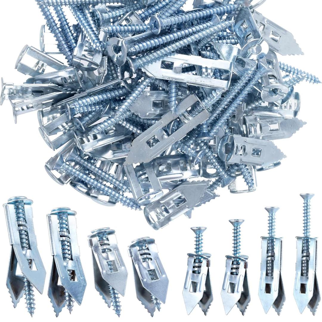 PAGOW 120 Pcs Self-Drilling Anchors, 4 Sizes Anchors and Screws for Heavy Duty, Metal Screw Anchors Kit, No Drill and Hole in Wall (1.18"+1.37"+1.57"+1.77")