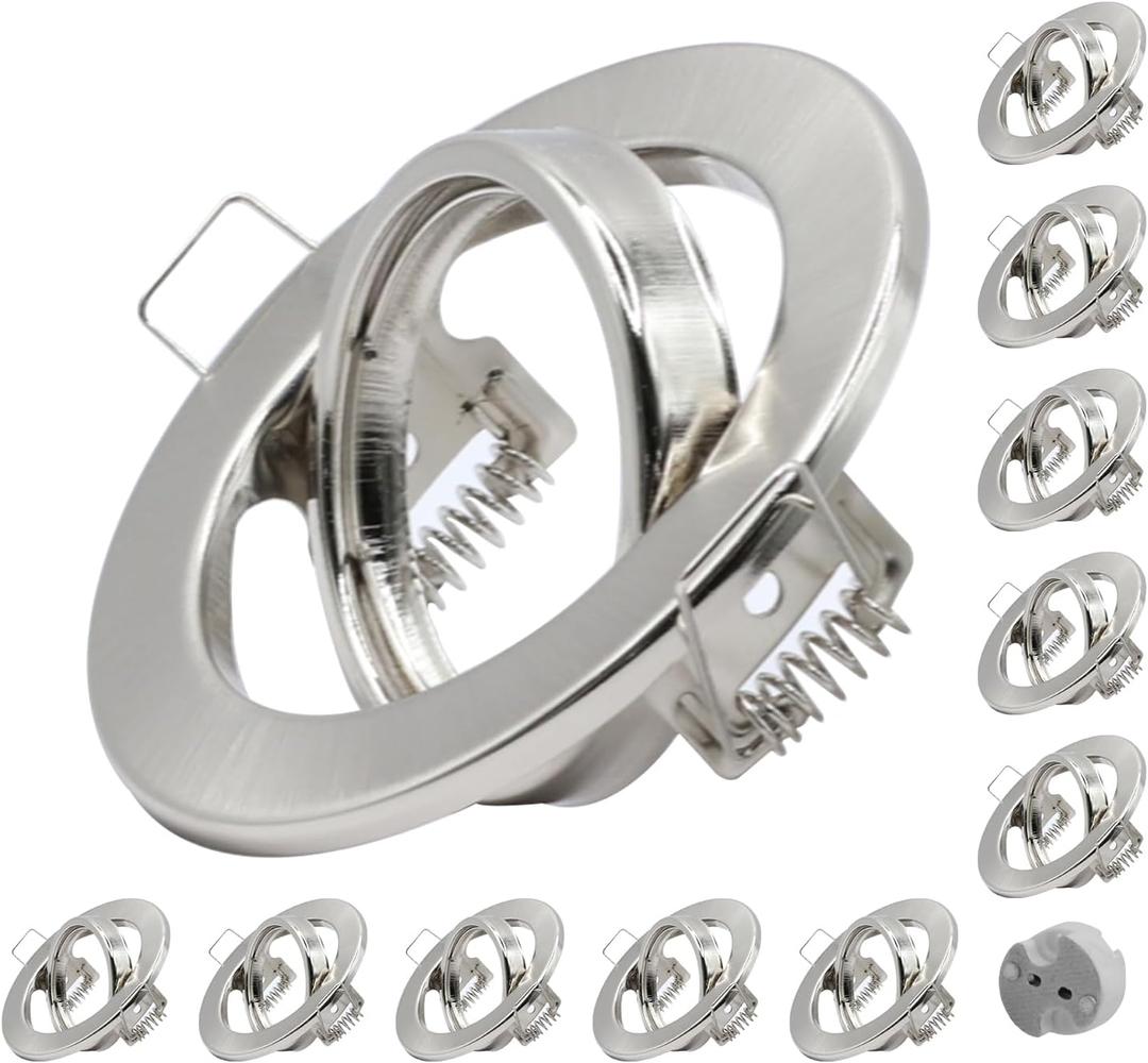 10 Pack Round Recessed Spotlights Trim Ring Fitting GU10 Light Mounting Frame with MR16 Lamp Holder for Ceiling Spotlight MR16 and 50mm Bulb Halogen Light Fitting Satin Nickel
