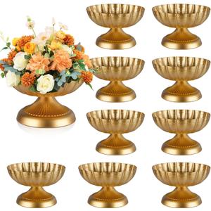 10 Pcs Compote Bowl Vases for Centerpieces Urn Vase, Metal Small Pedestal VaSe Gold Pot, Flower Arrangement for Wedding Anniversary Party Home Decor
