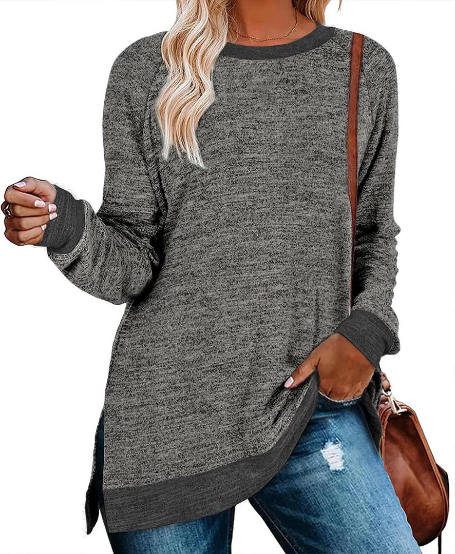 Womens Crewneck Pullovers Color Block Long Sleeve Side Split Tunic Tops (Large, Dark Grey)