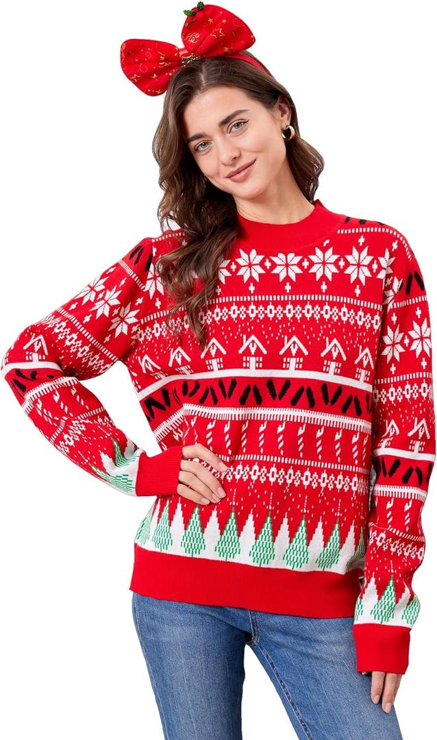 dressfan Unisex Funny Christmas Sweaters Xmas Family Matching Sweater Knit Pullover Crew Neck Long Sleeve for Women & Men (Small, Red-snowflake)