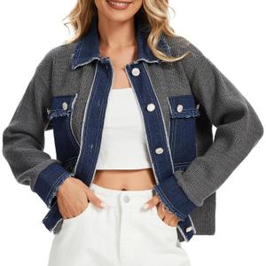 KEOMUD Women's Fall Button Down Knit Cardigan Sweater Casual Cropped Shacket Jacket with Denim Lapel Pockets Cuff (S)