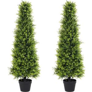 4ft Artificial Boxwood Topiary Trees, Set of 2 UV Resistant Faux Evergreen Shrubs and Bushes for Outdoor Planters, Realistic Fake Plants for Front Porch Outside Patio Yard, 4 Foot Tall