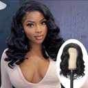 16" Short Body Wave Synthetic Wig Side Part Bob Wavy Lace 180% Density Ocean Wave Wig for Black Women