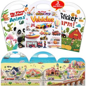 3-Pack Reusable Sticker Books for Toddlers 2-4 Years, Vehicles Truck, Animals & Farm Jelly Activity Stickers for Boys Girls Road Trip Airplane Train Travel Essentials Toy for Kids Birthday Gifts