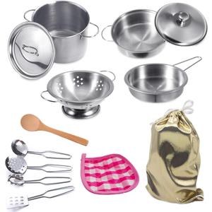 Mini Play Pots and Pans Toys for Kids Kitchen Playset Pretend Cookware Utensils Play Set Play Cooking Toys Mini Stainless Steel Cooking Utensils Toys Kitchen Playset Accessories for Boys Girls
