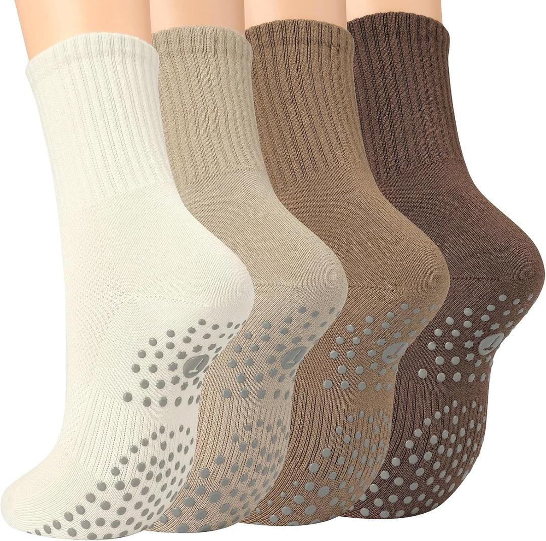 Toes Home Pilates Socks for Women with Non Slip Grippers, Yoga Crew Socks for Barre Hospital Exercise Workout Sticky Athletic Slipper Socks 4 Pairs Fall Brown Tan