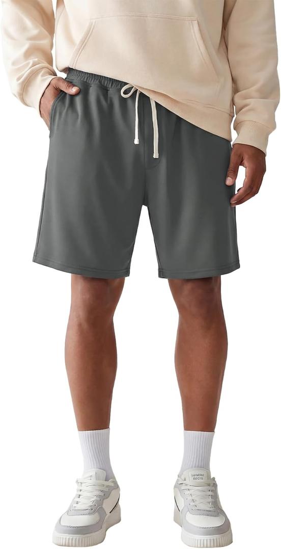 Mens Modal Athletic Gym Shorts 7 inch Air Layer Zipper Pocket Elastic Waist Casual Pajama Jogger Workout Short Pants (Large, Dark Gray)